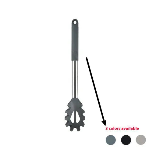 Black silicone 12-piece kitchen utensil set with rotating storage bucket including ladle, spatula, and food clip.