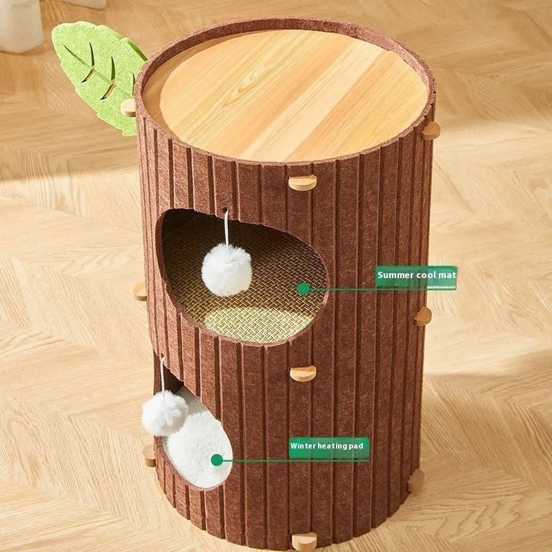 Felt cat scratch board nest in wine red with plush cat balls for indoor cats