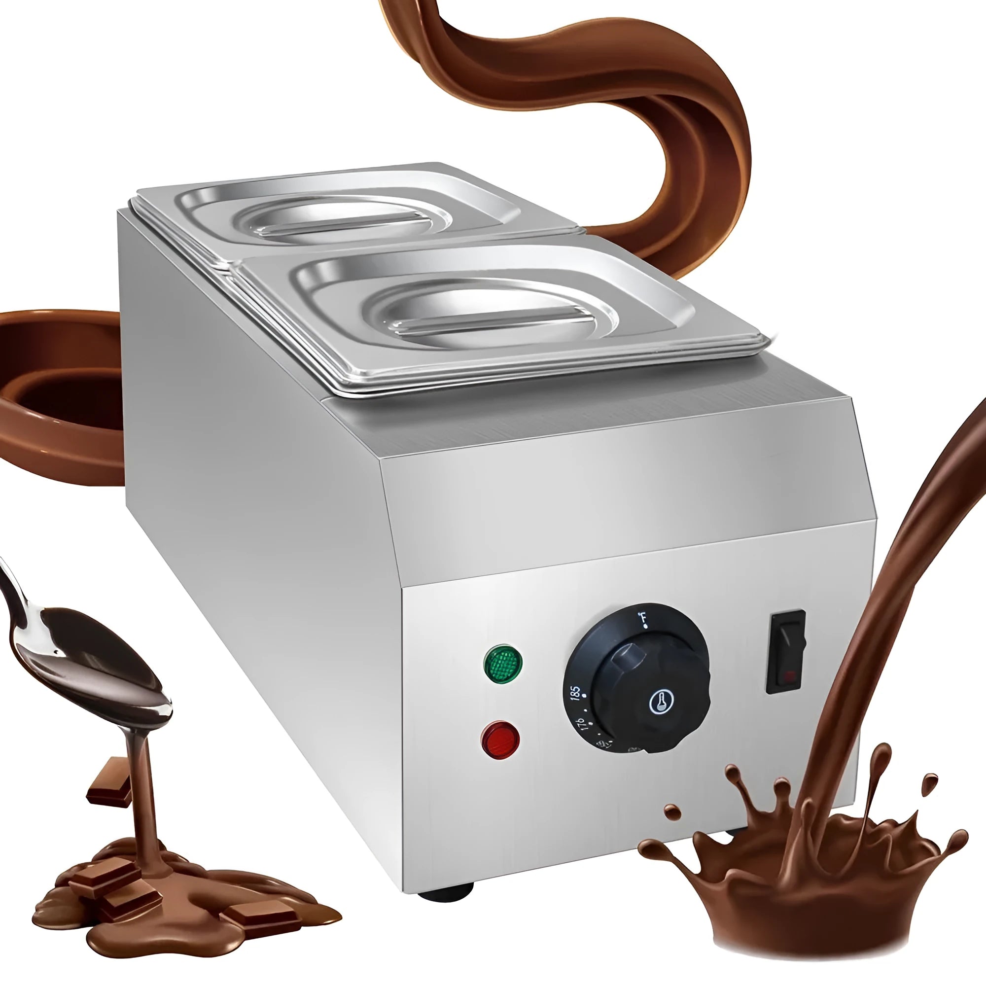 Commercial electric chocolate melting machine with double pot and temperature control display.