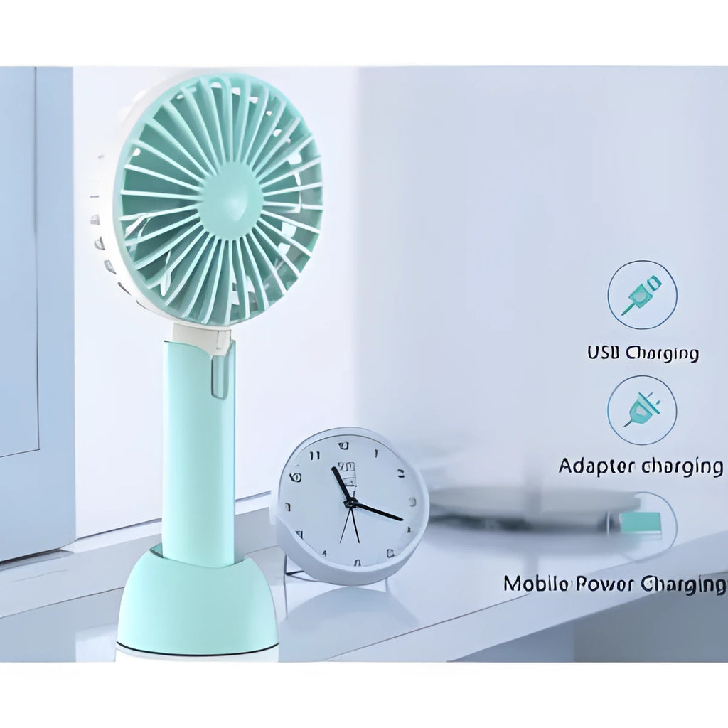 Blue handheld mini desktop electric fan with USB cable and three speed settings