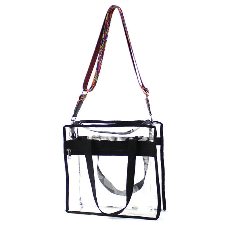 Women's PVC messenger bag with transparent front compartment and crossbody strap in a selection of colours.