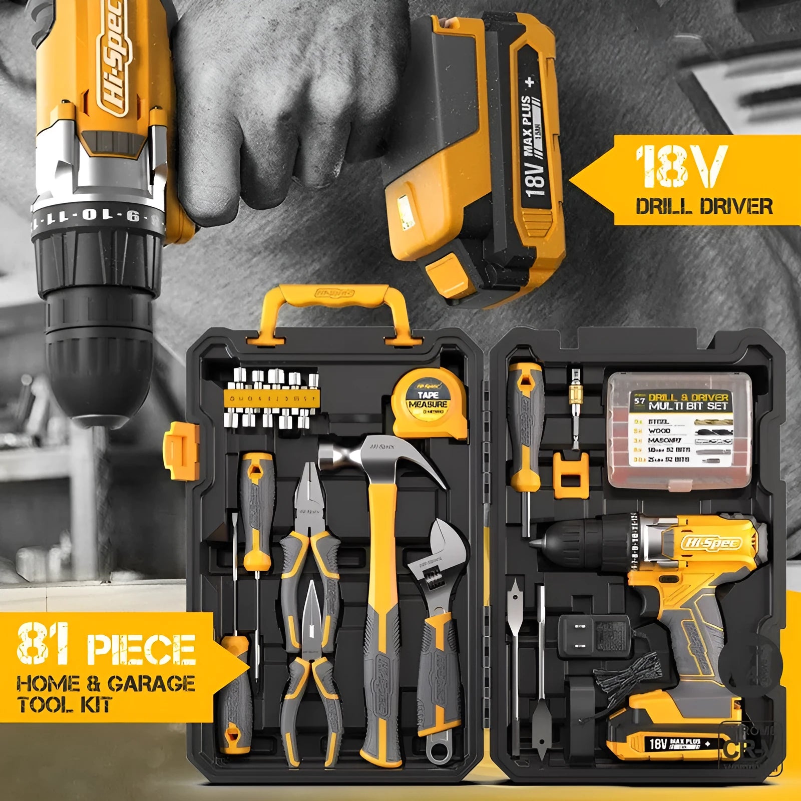Grey-yellow case open to show 82-piece chrome-vanadium steel hardware tool kit.