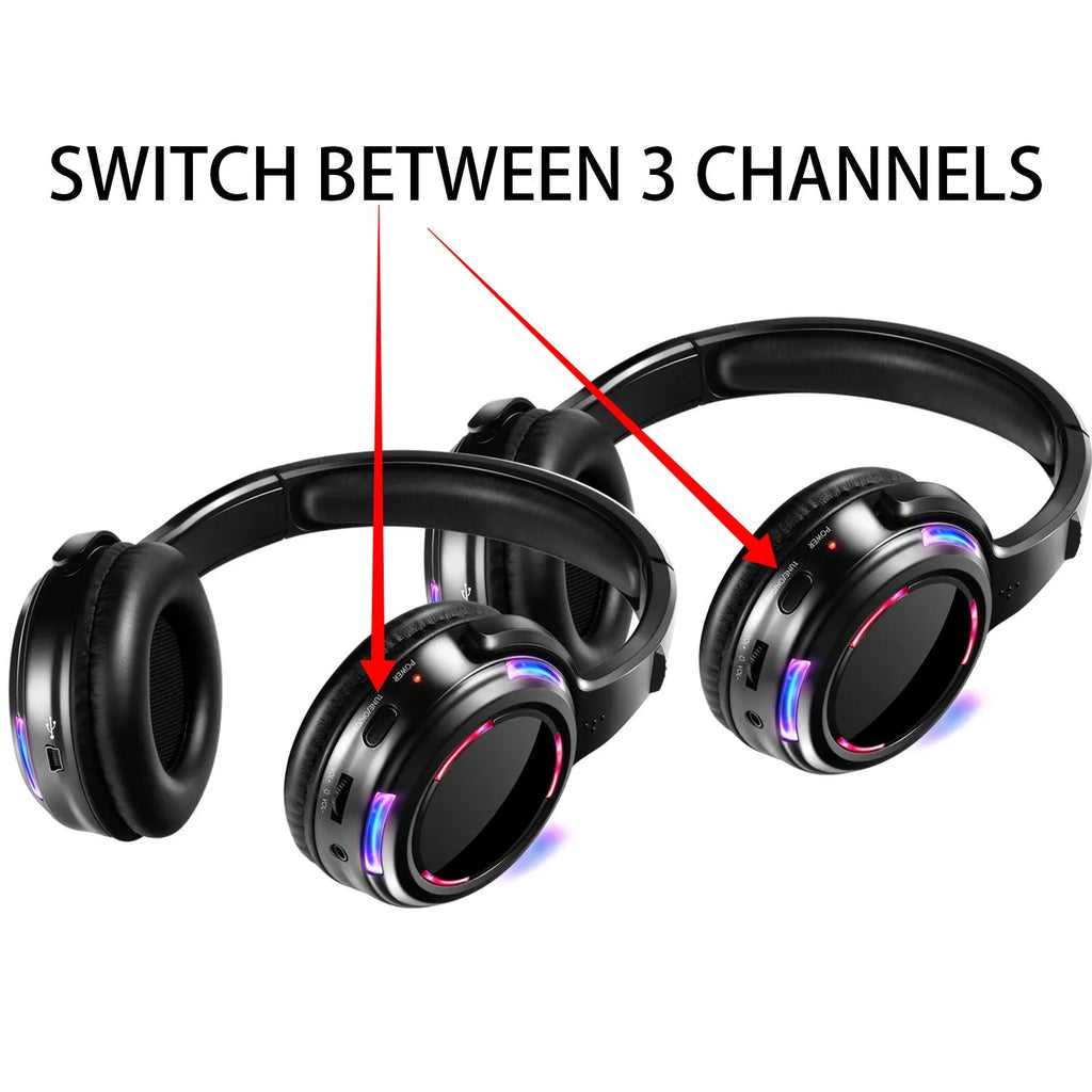 Black silent disco wireless headphones with over-ear design, 40mm speakers, and a 3-metre cable ending in a 3.5mm audio plug.