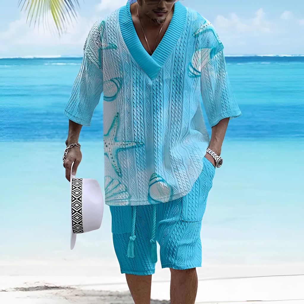 Men's loose-fit casual short sleeve suit and shorts set in a solid colour.