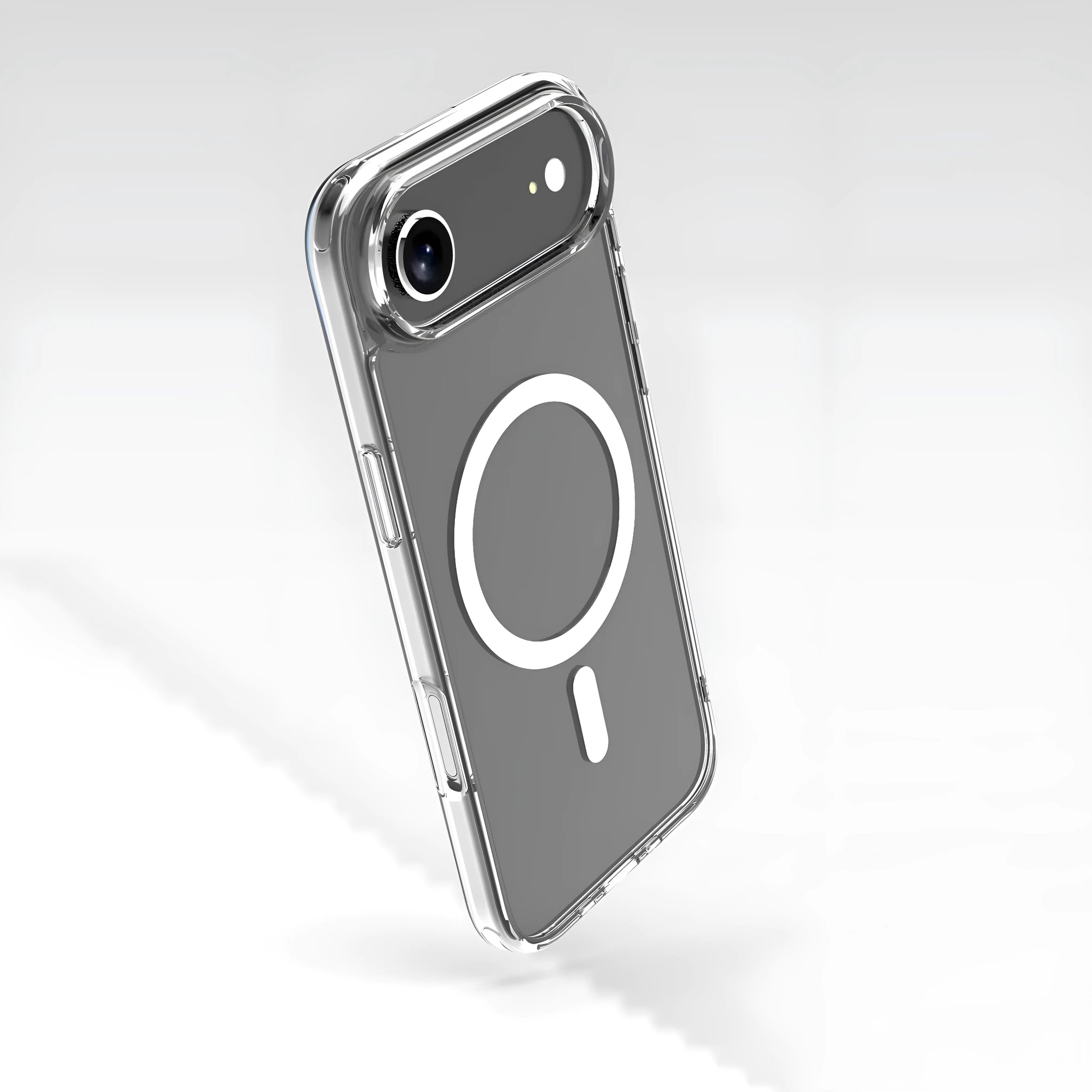 Transparent magnetic protection case for iPhone 17 series phones showing clear design with magnetic ring