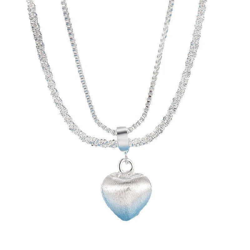 Double layer brushed heart pendant necklace for women, copper with electroplating, water wave chain