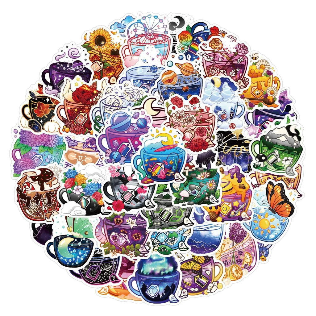 Pack of 50 colourful tea cup graffiti waterproof stickers in a Nordic style for luggage and scooter customisation.