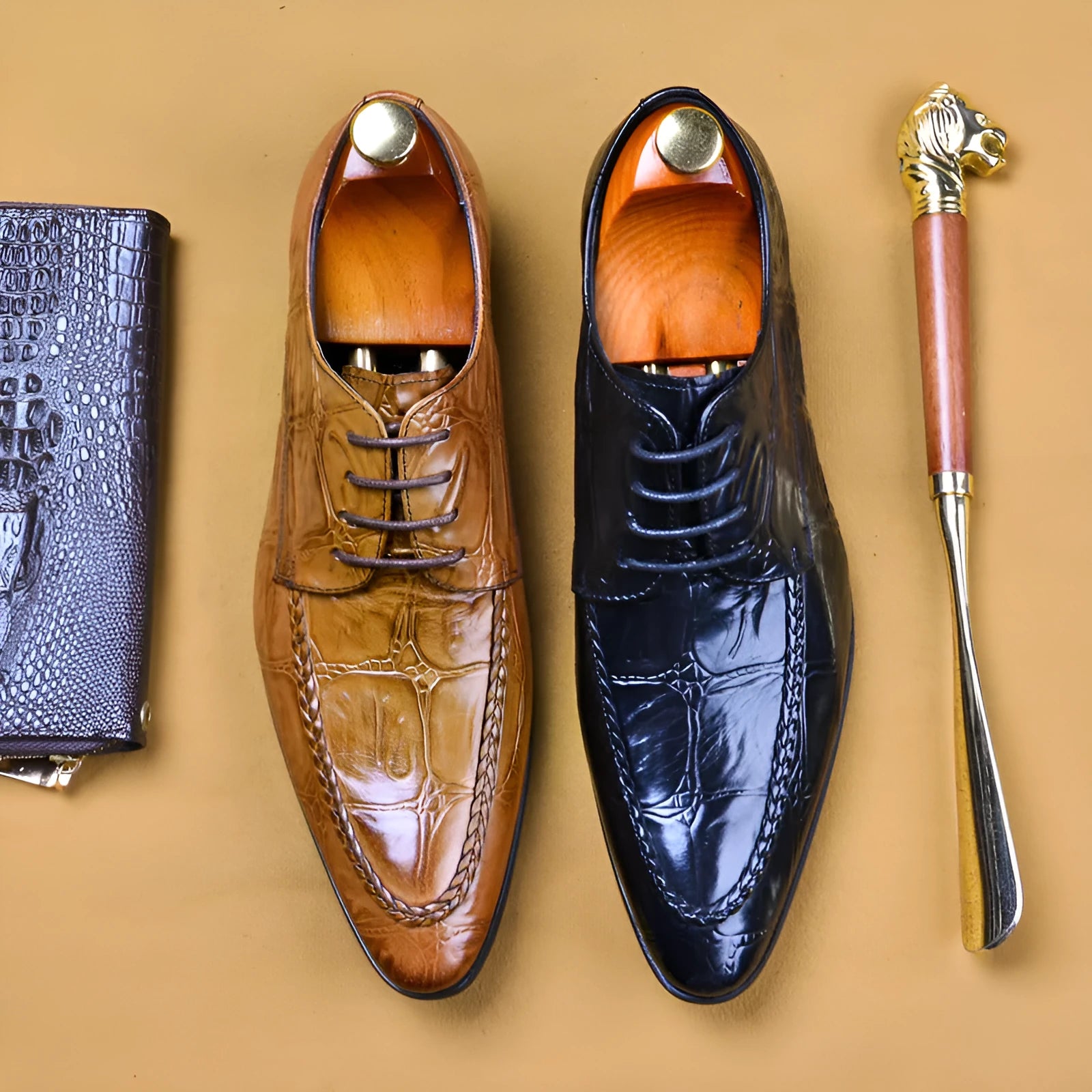 Men's black and brown leather brogues with horse bit buckle, low heel business shoes