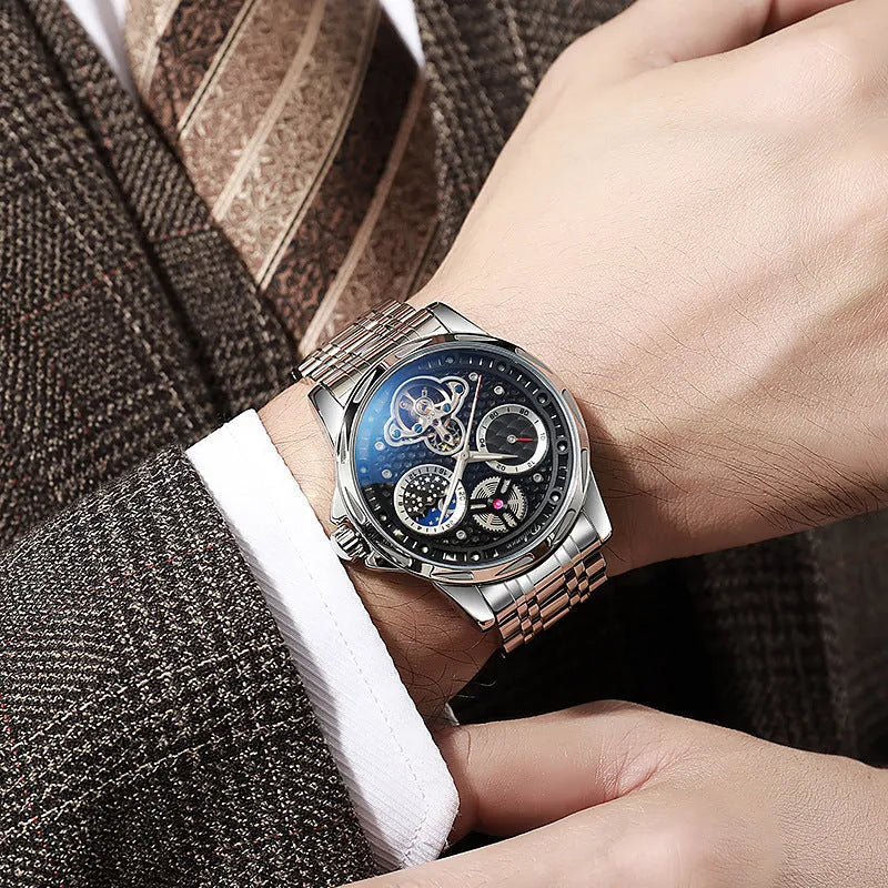 Men's automatic watch with luminous hands in steel case with leather strap option