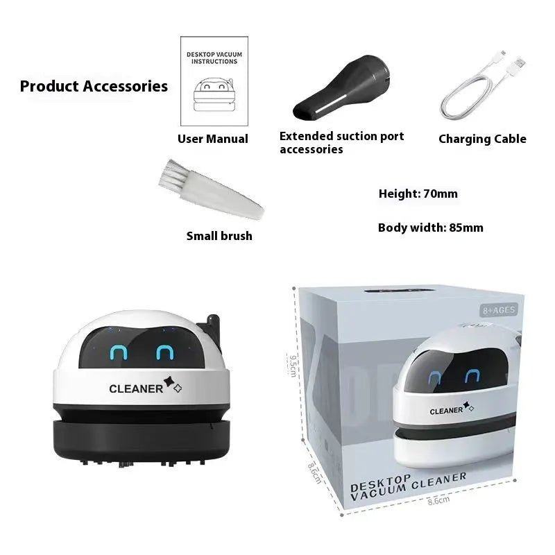 USB handheld desktop vacuum cleaner in blue rocket design on a wooden desk