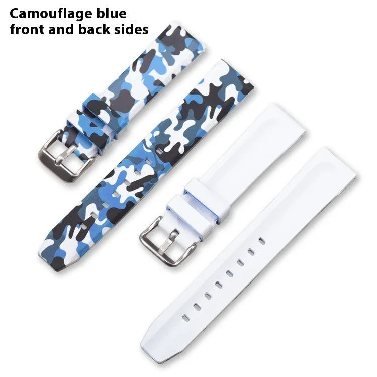 Green camouflage silicone watch strap showing flat head design and buckle, next to 20mm 22mm 24mm size indicators.