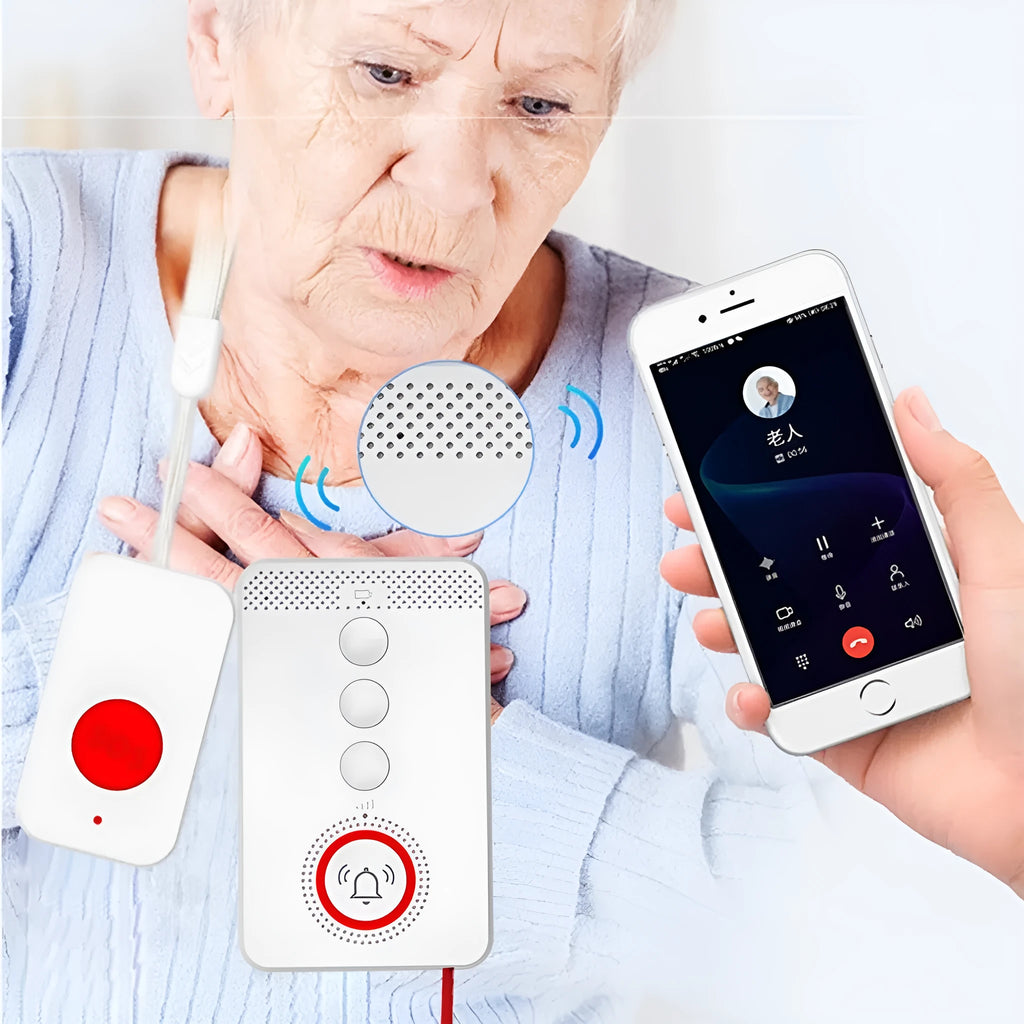 White emergency alert device with three wireless buttons and one central buzzer unit for elderly safety
