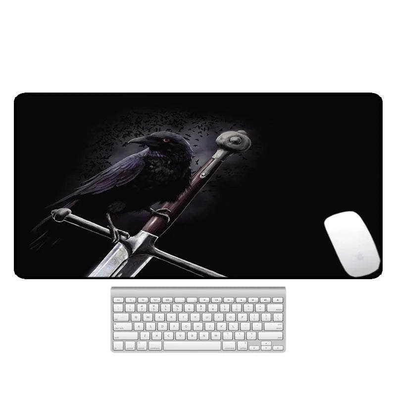 Large natural rubber desk mouse pad with a printed geometric pattern, showing non-slip base.