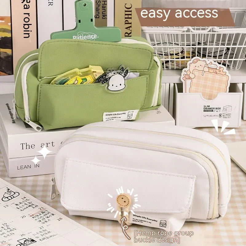 Green canvas pencil case with large capacity for pens in Korean style