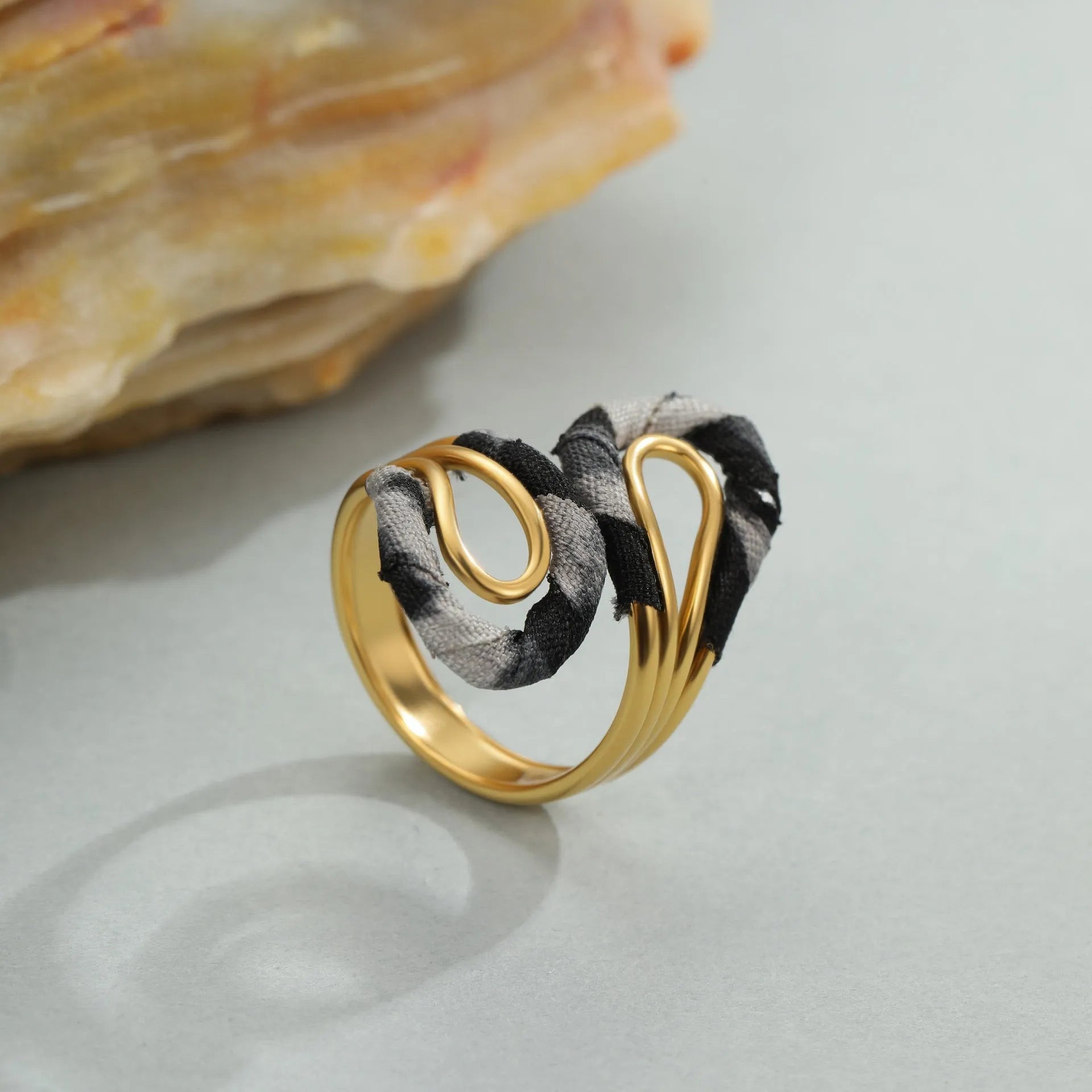 Open mouth ring with geometry heart star shapes and leopard print pattern in electroplated stainless steel