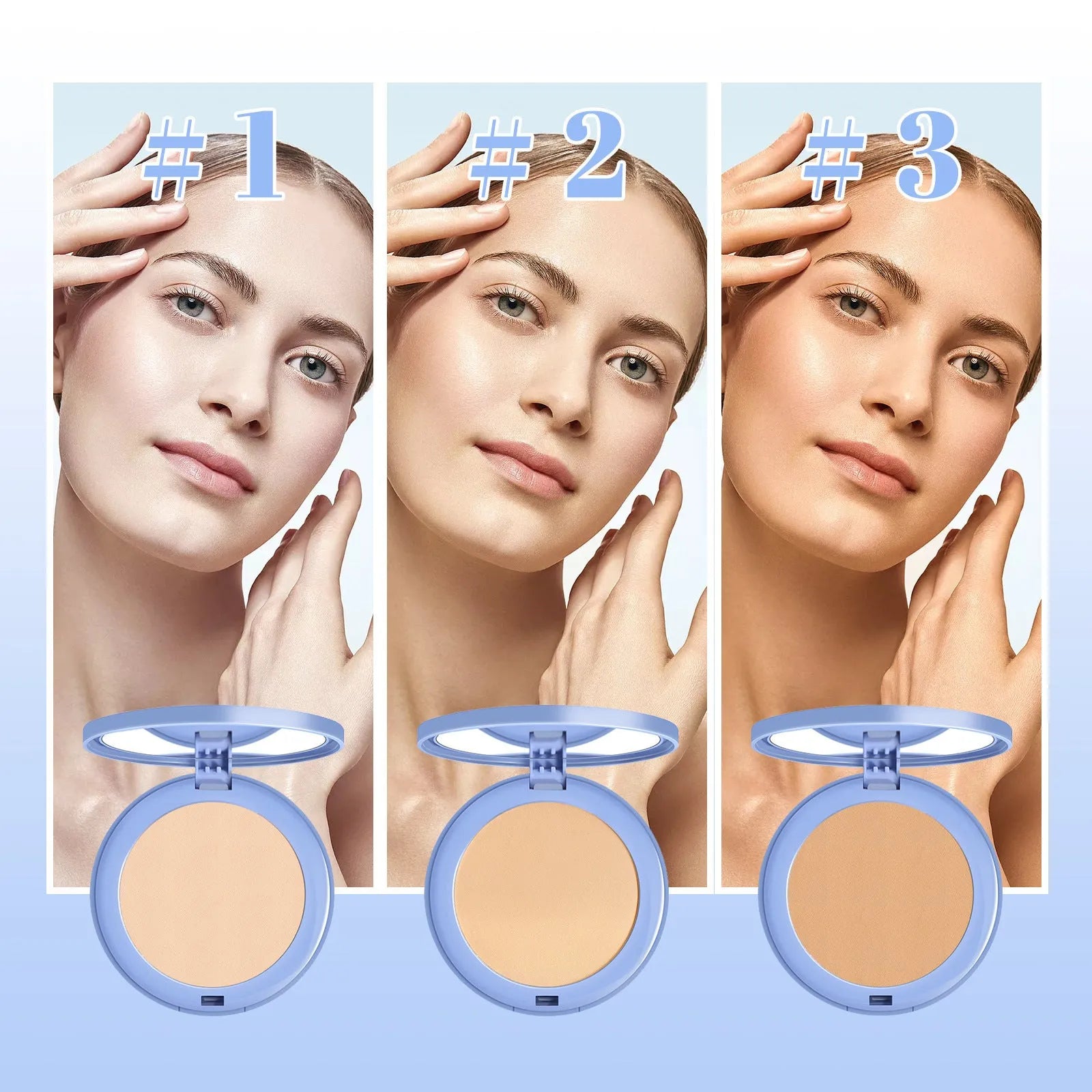 8g finishing powder makeup with powder fan applicator in natural beige, pure beige and classic ivory shades