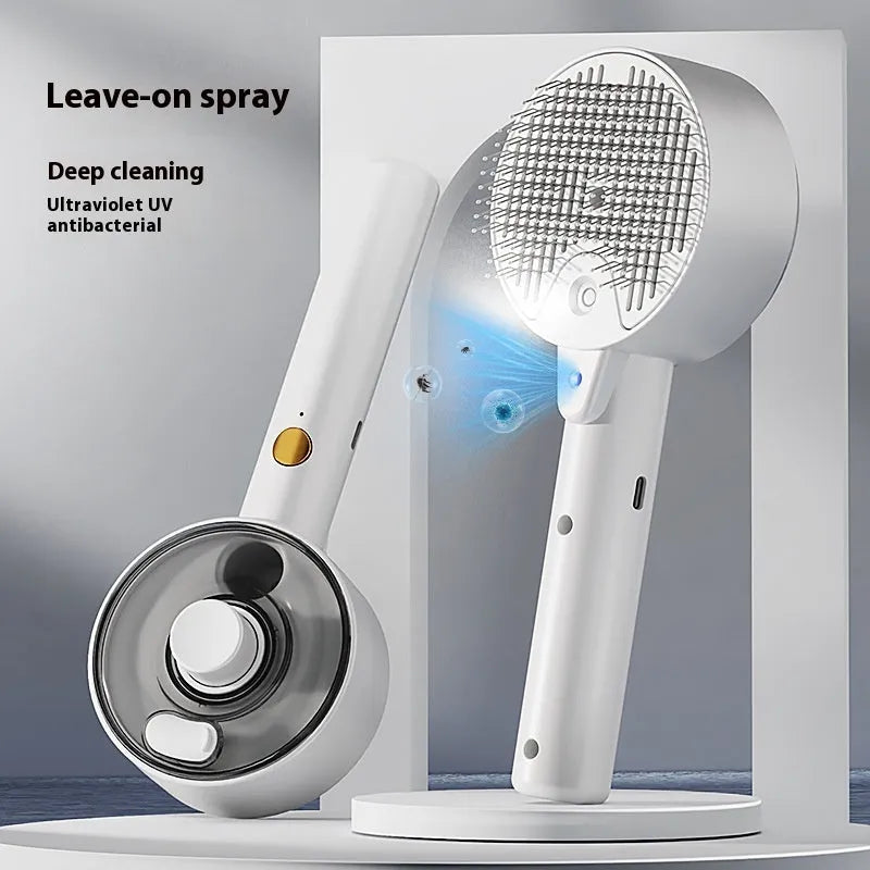 Ceramic white pet grooming brush with UVC blue light, mist spray nozzle, and fine needles for removing dog and cat hair.