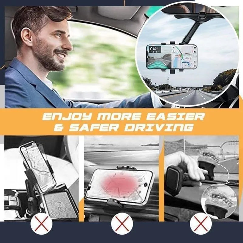 Black rearview mirror phone holder for car showing 360° rotation and retractable arm