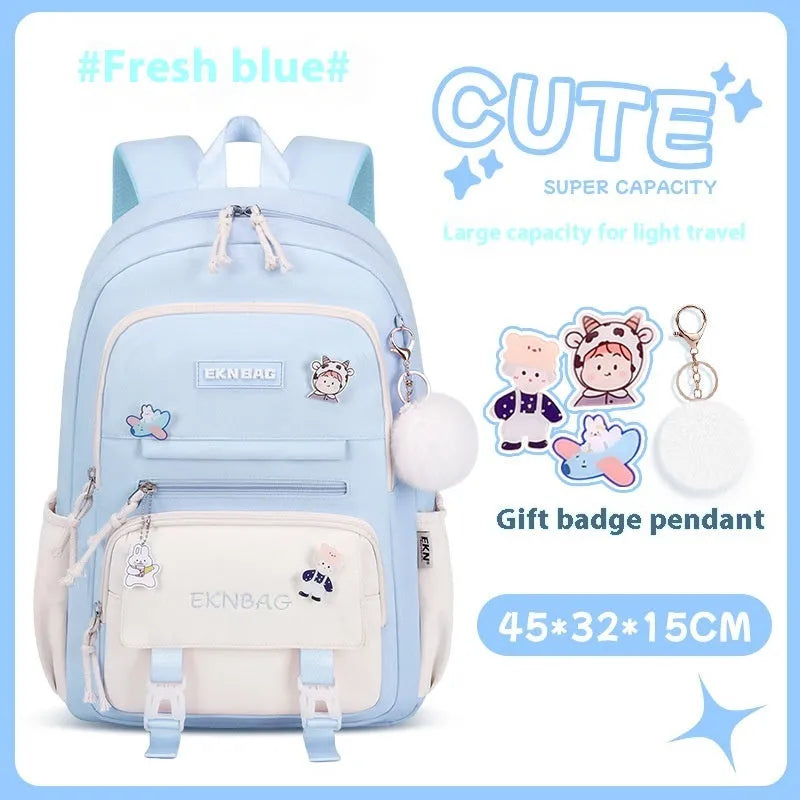 Girls waterproof Oxford cloth school backpack with curved straps and spine protection in solid colours for grade 5-6 students