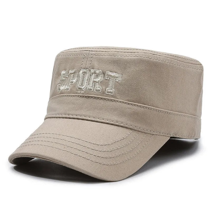 Men's flat-top cotton peaked cap in army green colour with adjustable strap.