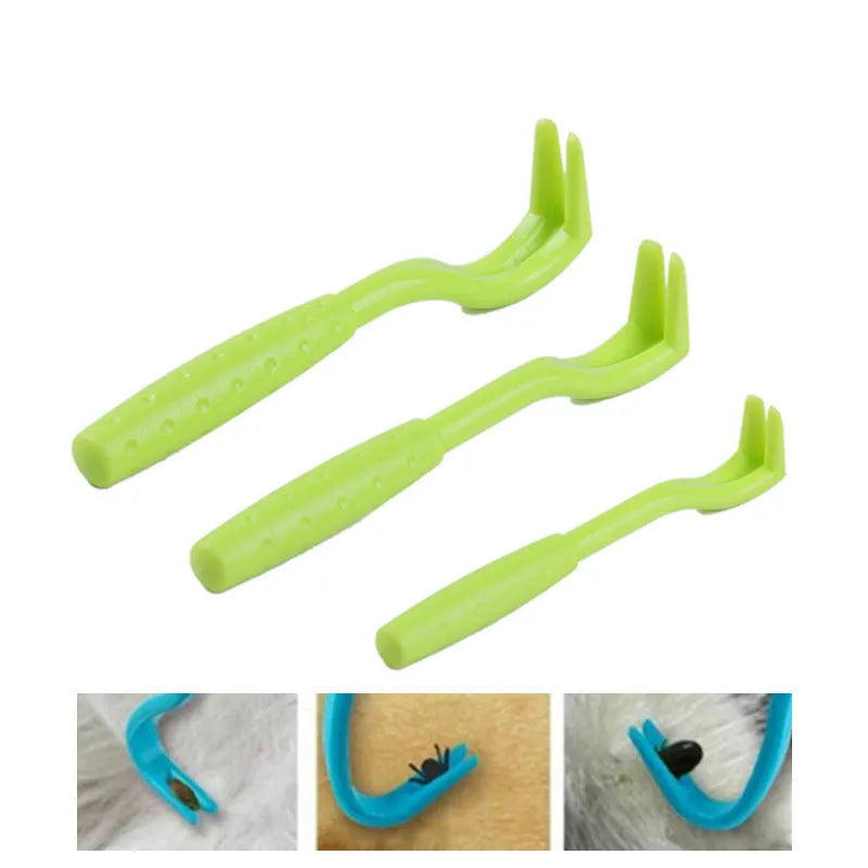 Three plastic tick removal hooks for pets in blue or green colours with alcohol application instructions