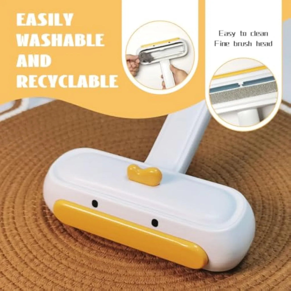Portable pet hair remover with yellow duck design and polyester bristles for furniture and car seat cleaning