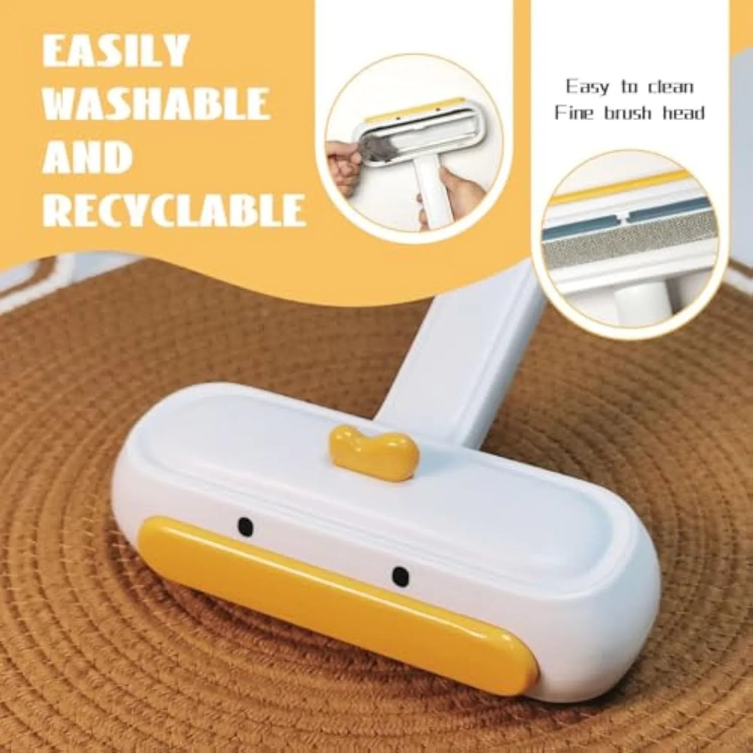 Portable pet hair remover with yellow duck design and polyester bristles for furniture and car seat cleaning