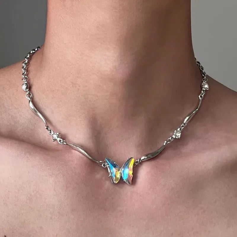 Alloy geometric necklace with electroplated finish in gradient butterfly colour on regular chain