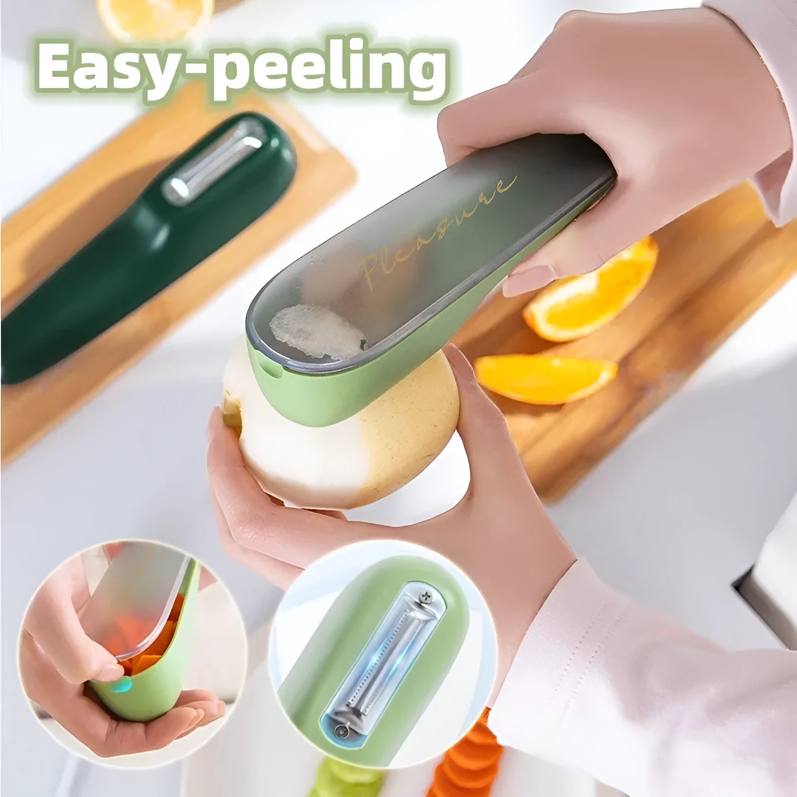 Green fruit and vegetable peeler with a storage tube and stainless steel blade.