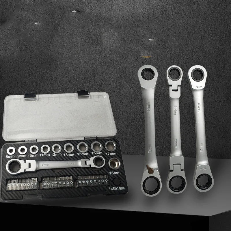 14-piece dual ratchet wrench and screwdriver set with sockets and bit heads for automotive and DIY use