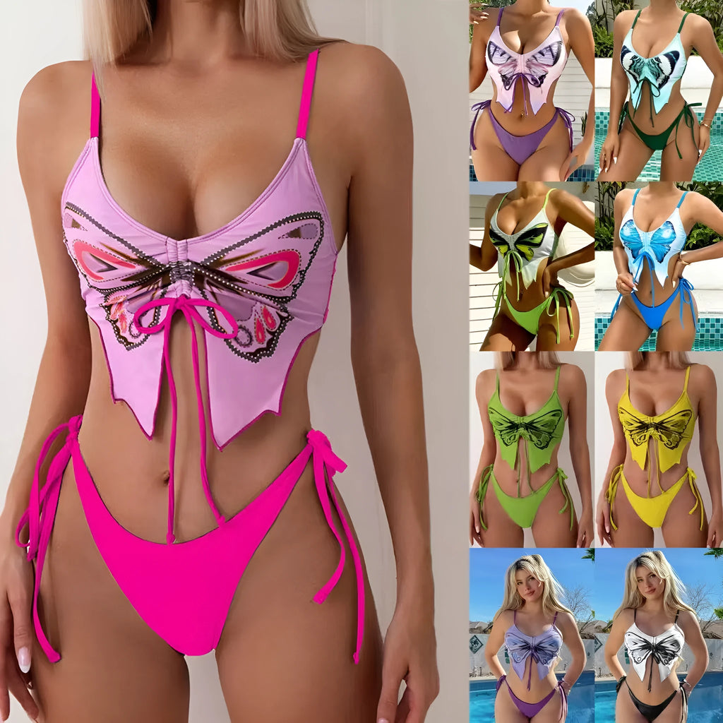 Women's purple bikini with bow ins style back detailing and briefs bottoms
