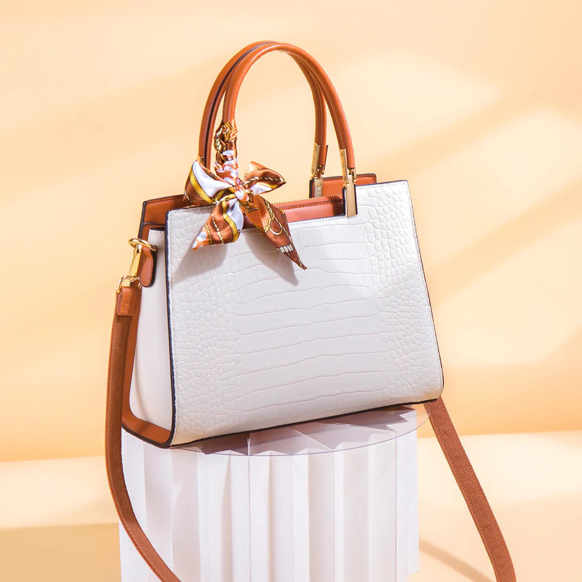 Women's Milky White PU shoulder handbag with horizontal square shape and multiple internal pockets