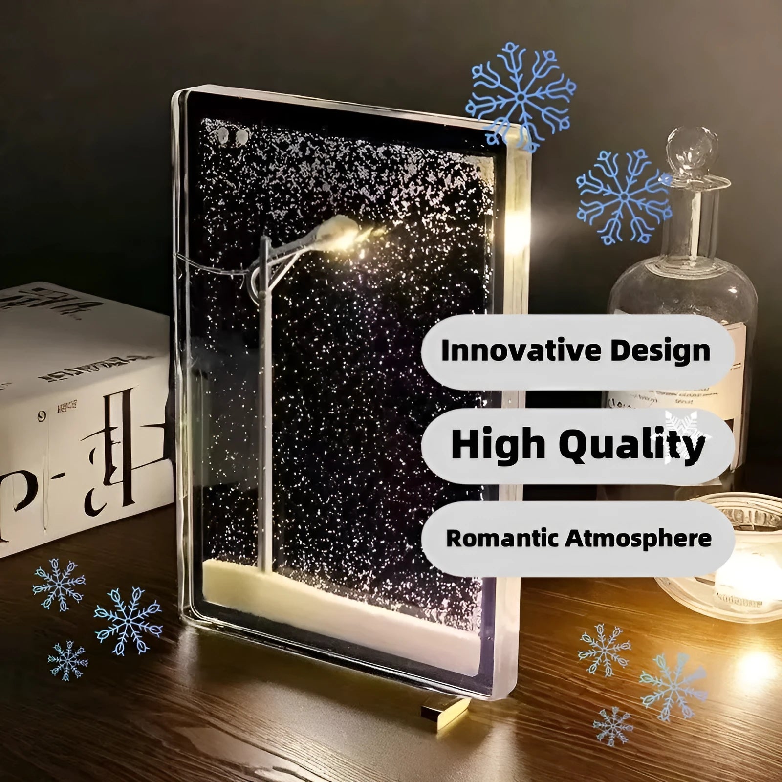 DIY Magic Snowy Landscape Night Light kit components for Christmas desktop decor assembly