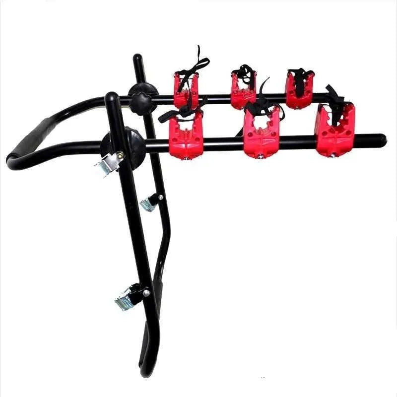 Black and red car trunk mounted bicycle rack holder with iron frame measuring 73x50cm