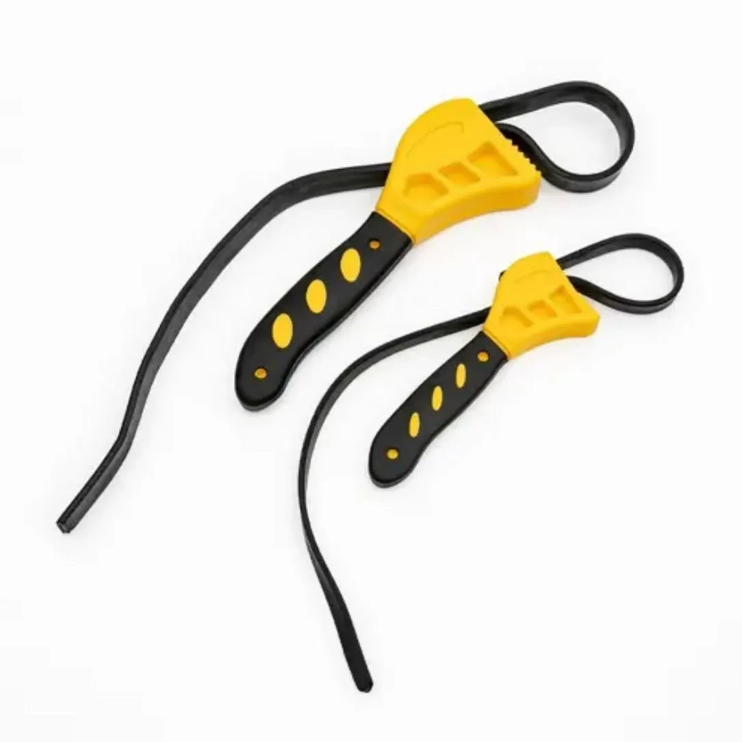 A 6-inch and an 8-inch adjustable rubber strap wrench set with plastic handles and a phosphated metal finish.