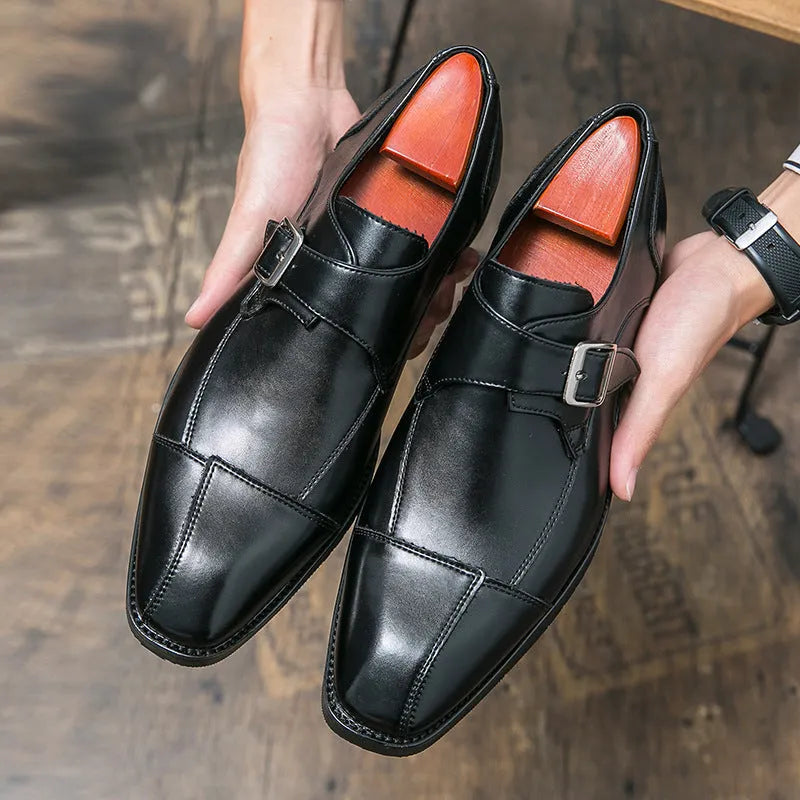 Men's brown blue retro buckle casual leather shoes with tall crown upper and breathable microfiber construction