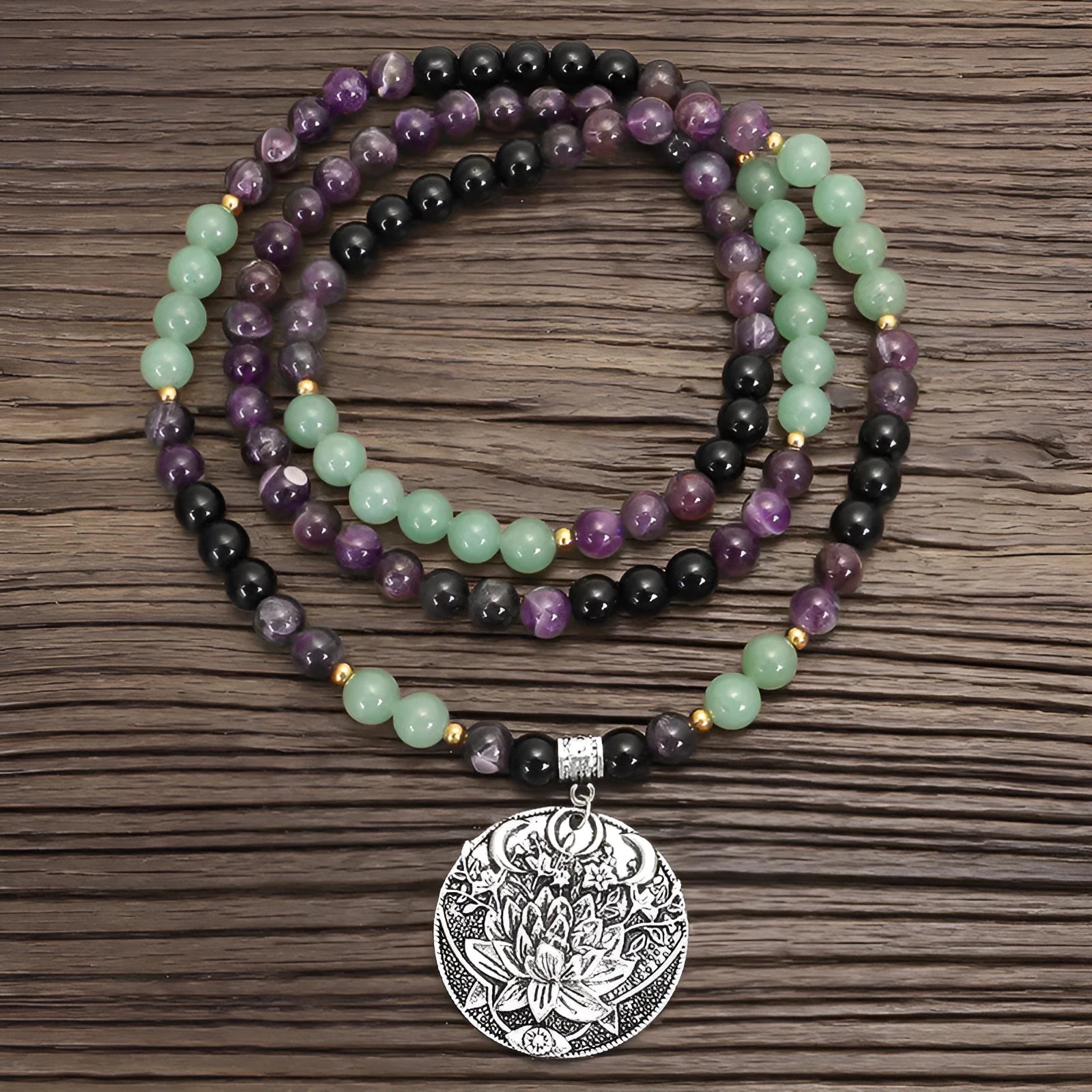 Dongling Long handmade stone bead yoga necklace with geometric lotus pendant and matching bracelet