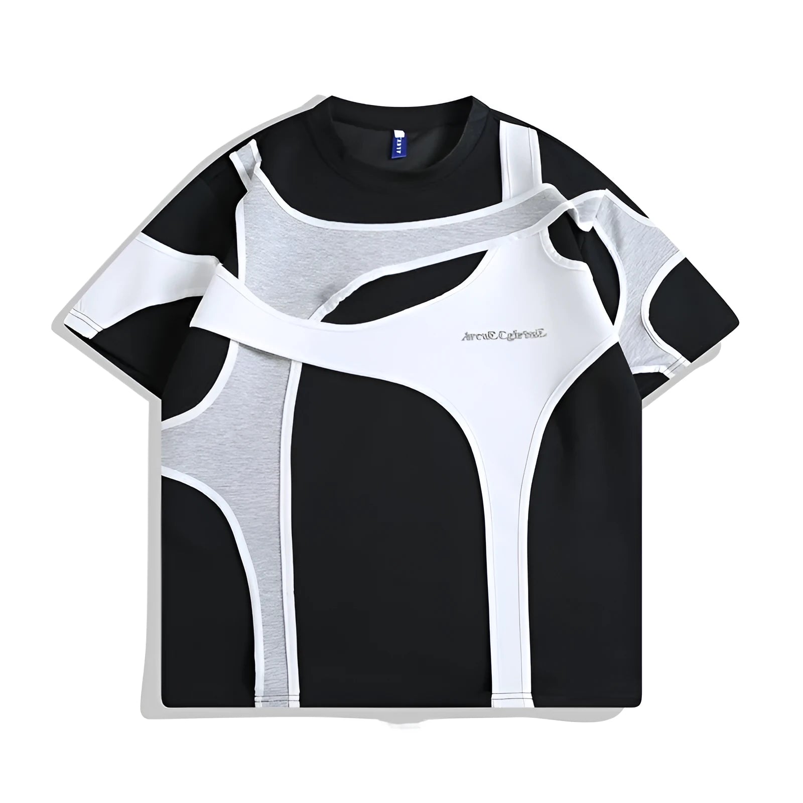 Man's loose fit black T-shirt with double-stitched padded shoulders on a short sleeve.