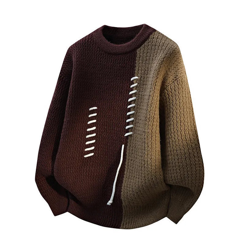 Men's loose fit round neck sweater pullover in black polyester fibre, front view