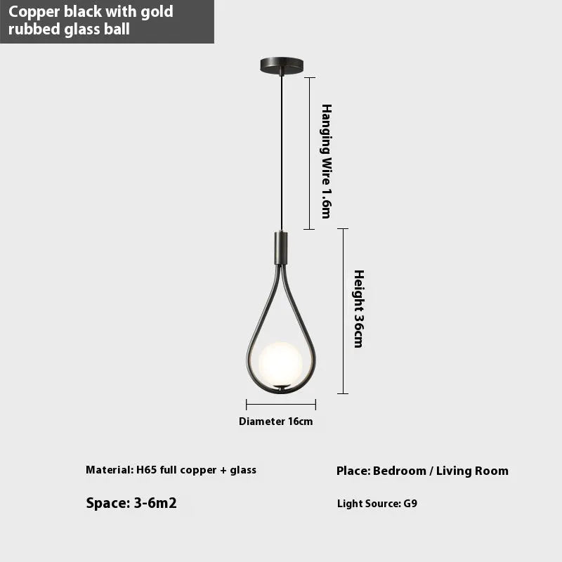 Copper modern minimalist bedroom bedside chandelier with selectable light covers including copper milky white, honeycomb, and black gold options