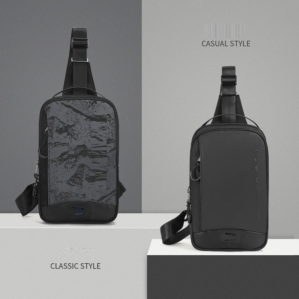Casual black TPU chest bag with camouflage pattern, single shoulder strap and soft handle