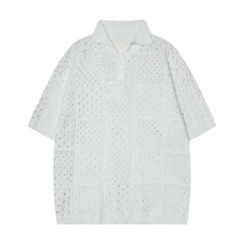 Loose fit short-sleeved knitted polo shirt with hollow design in solid black or white for teenagers