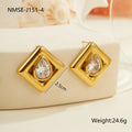 Gold geometric stud earrings for women with inlaid water drop shaped zircon stones.
