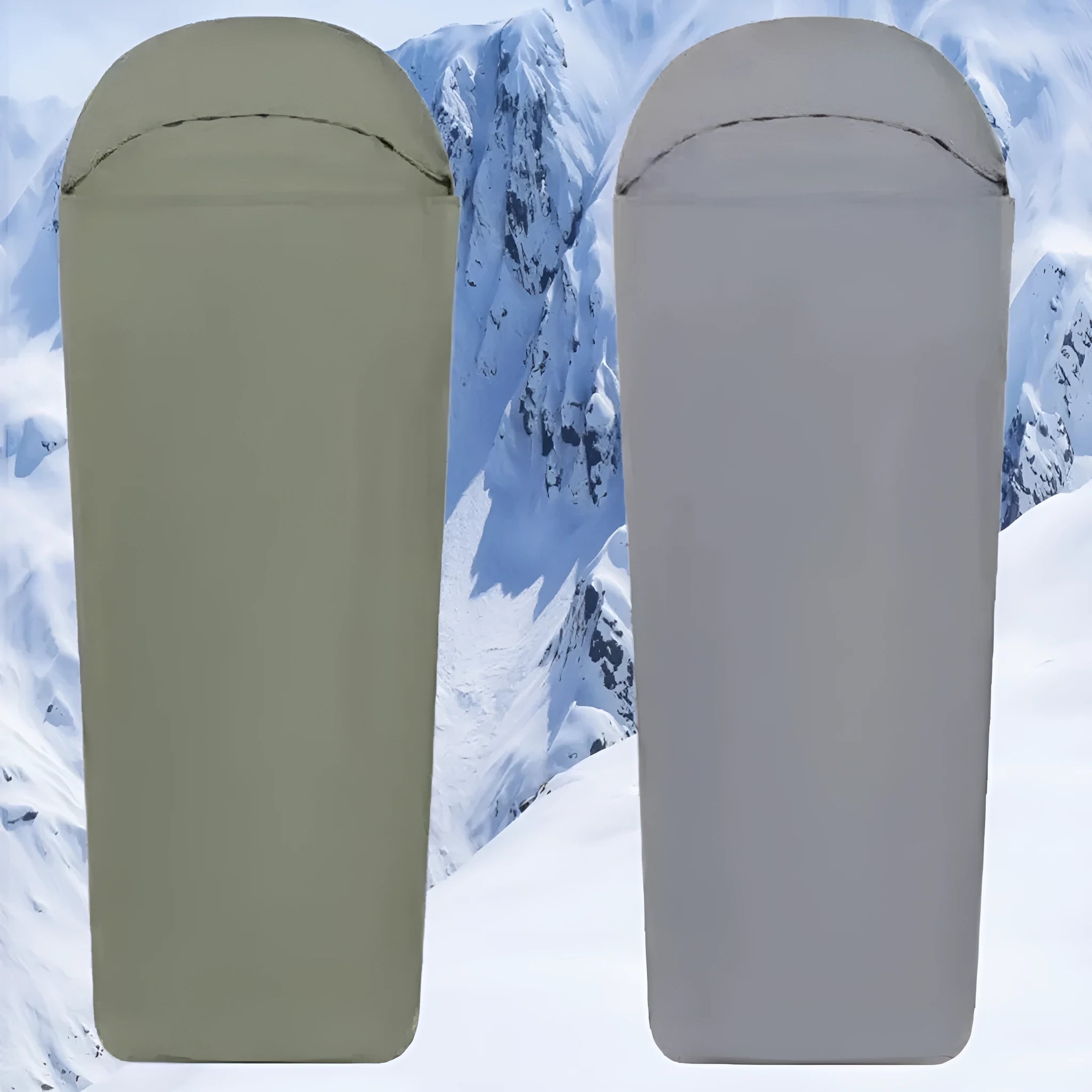 Blue mummy-type nylon camping sleeping bag for adults, laid out flat showing its tapered shape.