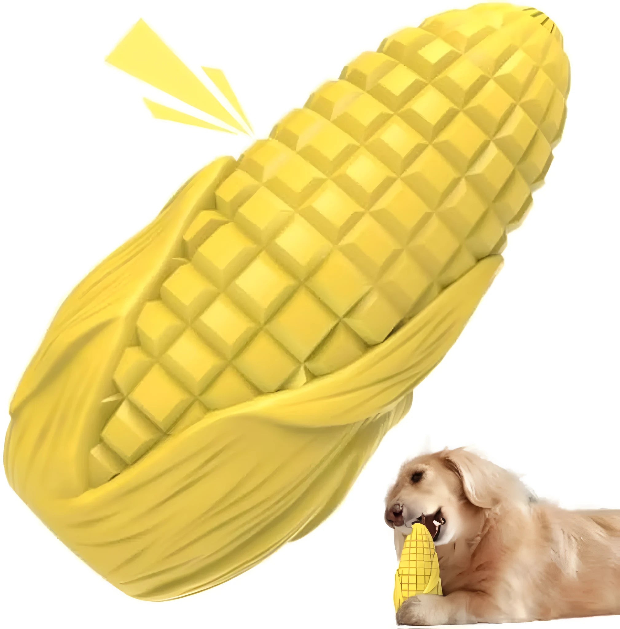 Blue and yellow corn-shaped dog chew toy for medium and large breeds on a white background.