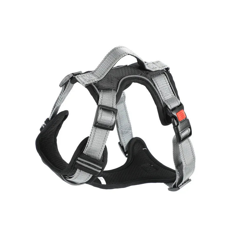 Orange polyester dog chest strap harness with an adjustable hand holding rope attached.
