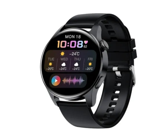 Smart watch with colour touch screen showing heart rate data, with a black silicone sports strap on a wrist.