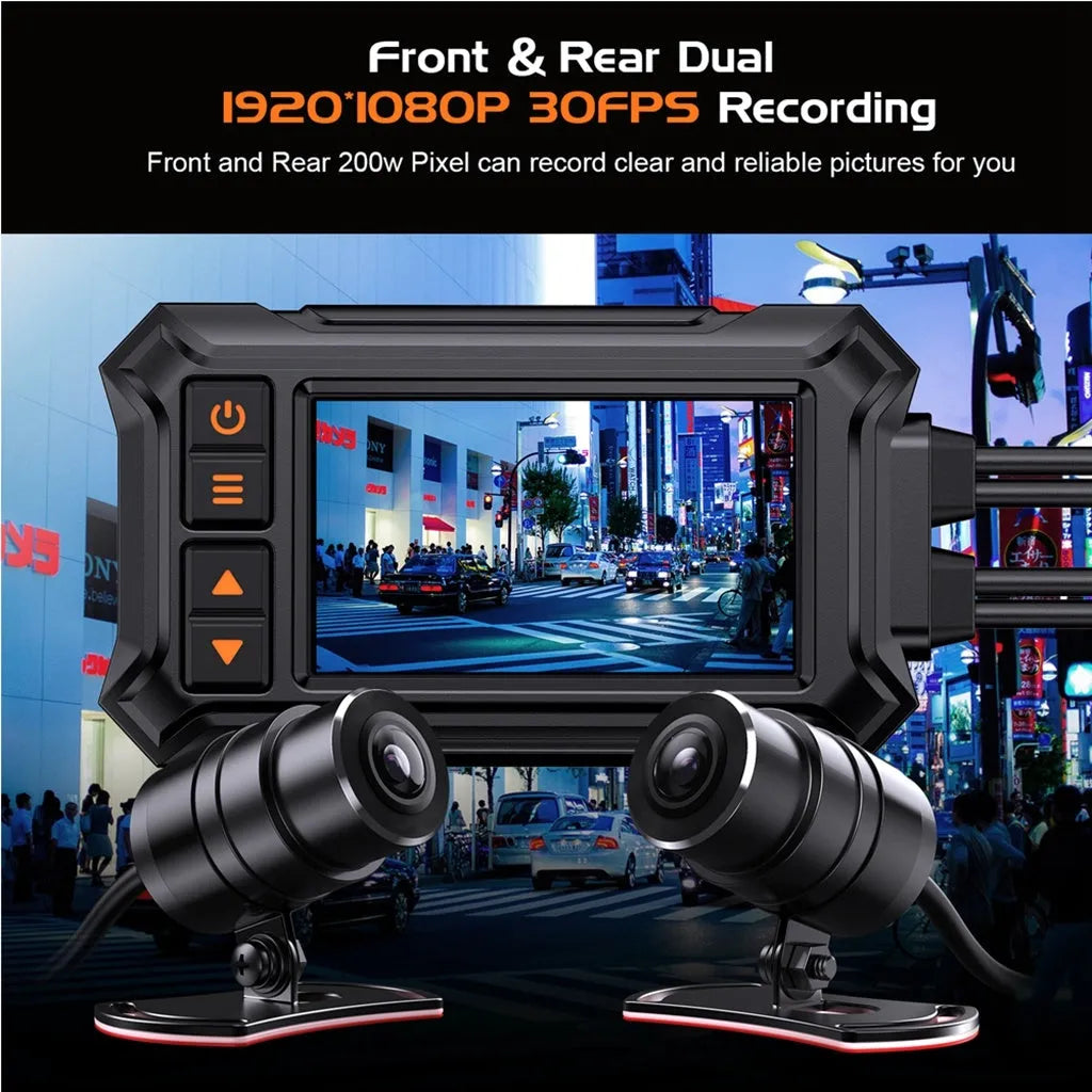 Motorcycle dash camera system with dual lenses, 3-inch display, GPS module, and waterproof housing