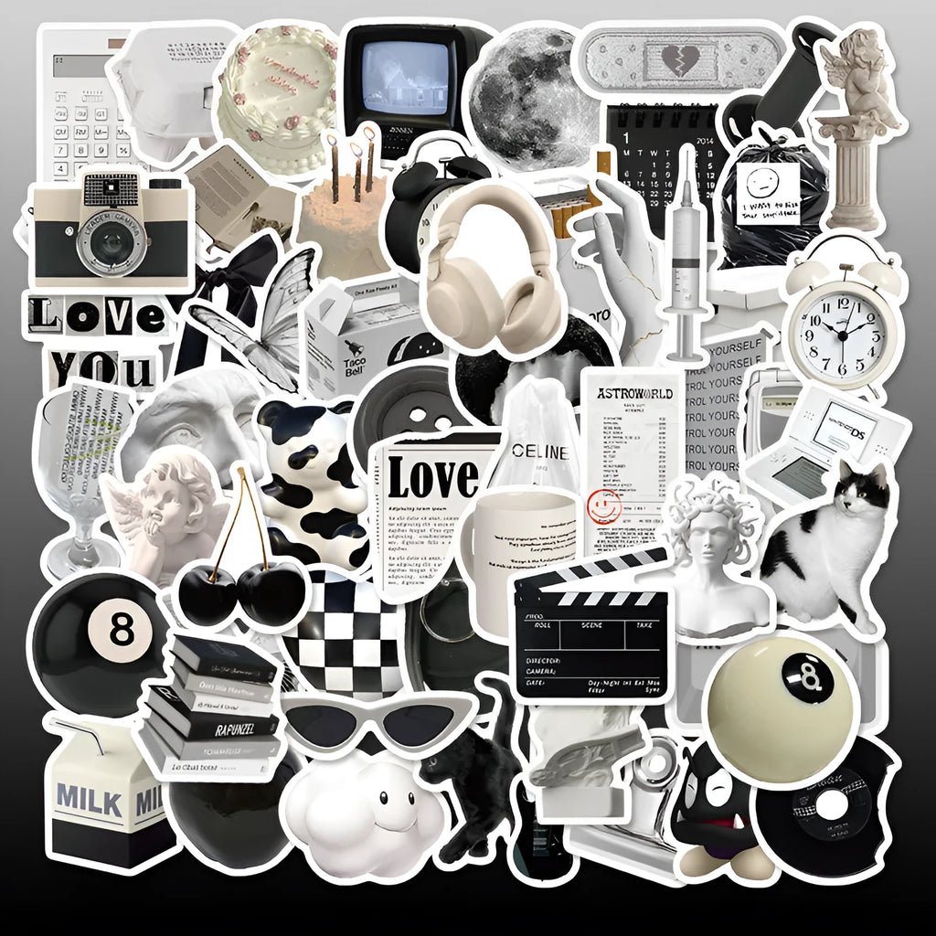 Set of 61 black and white simple style PVC waterproof vinyl stickers for laptops, cups, phones and guitars.