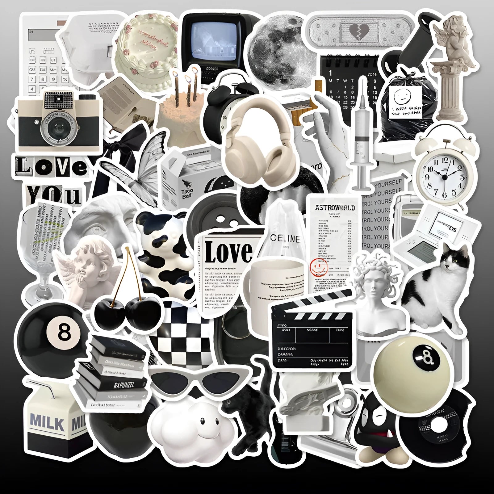 Set of 61 black and white simple style PVC waterproof vinyl stickers for laptops, cups, phones and guitars.